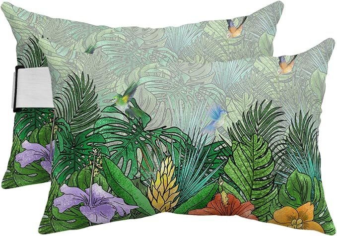 Outdoor Pillows Covers with Inserts Summer Flower Hummingbird Palm Plants Green Waterproof Recliner Pillow with Adjustable Strap Throw Pillows for Patio Furniture Pool Lounge Chair, 11x16 inch, 2PCS