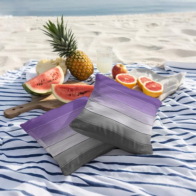 Purple Gray Outdoor Pillow Covers 24x24 Inch Throw Pillow Covers Set of 2 Waterproof Decorative Pillow Cases Vintage Rustic Abstract Striped Wooden Grain Cushion Covers for Patio Furniture Garden