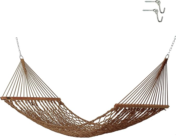 Hatteras Hammocks Small Amtique Brown DuraCord Rope Hammock – 11 ft. x 45 in., 450 lb Capacity, Cumaru Spreader Bar, Zinc-Plated Hardware, Handcrafted in The USA