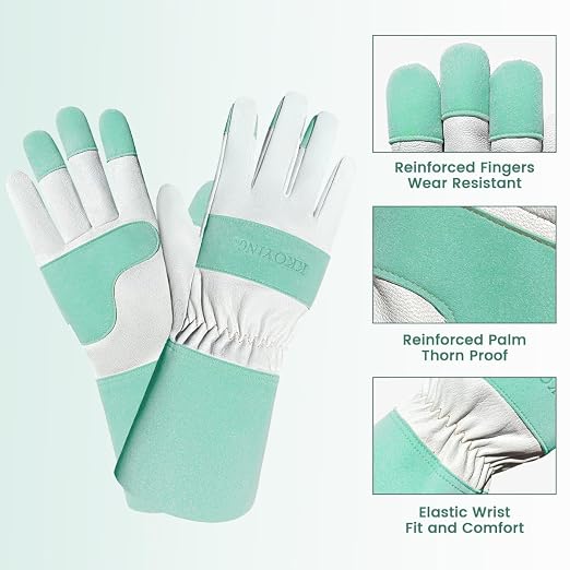 Gardening Gloves, Long Thorn Proof Garden Gloves for Women and Men, Goatskin Breathable Leather Work Gloves for Gardening, Pruning, Yard Work, Turquoise, L