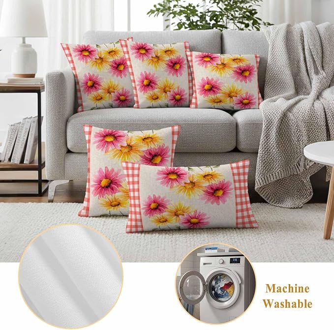 Yellow Pink Daisy Outdoor Pillow Covers 18"x18" Set of 2, Rustic Farmhouse Red Buffalo Plaid Waterproof Throw Pillow Covers for Patio Furniture, Decorative Cushion Covers for Porch