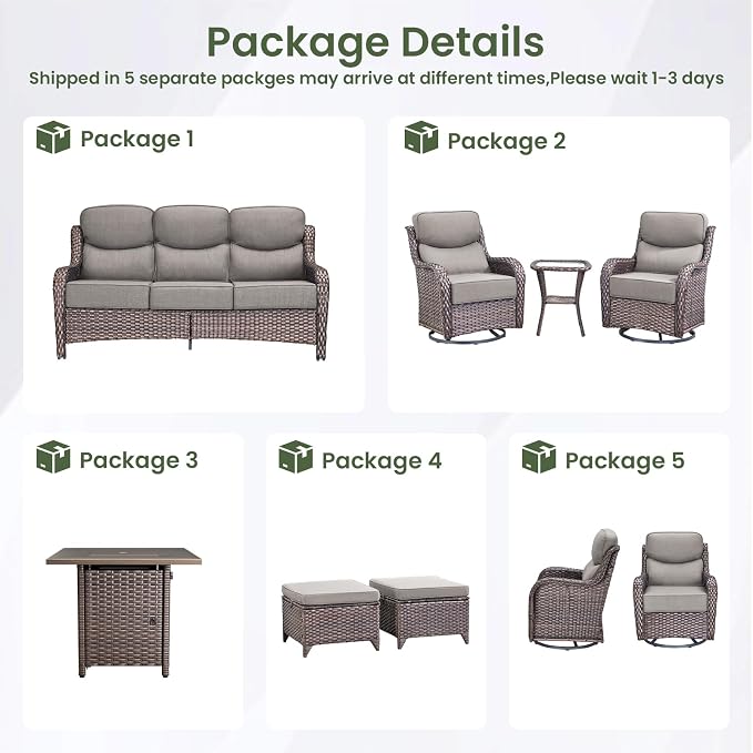 Luxury Patio Furniture Set with 6-inch Thick Cushion, Outdoor Furniture with Fire Pit Table, Swivel Chairs, Sofa, Side Table, Ottomans, 9pcs Wicker Conversation Set(Brown Wicker | Grey Cushion)