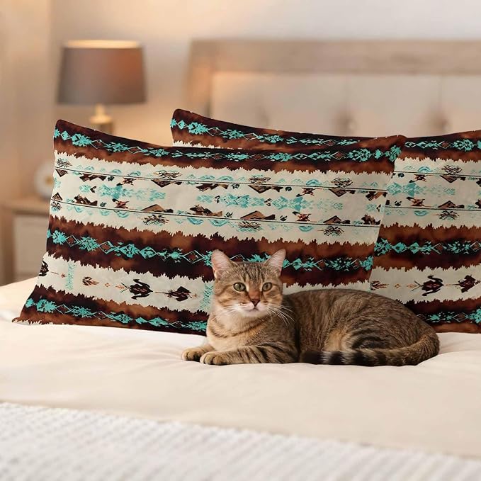 Western Aztec Outdoor Pillow Covers 20"x12" Set of 2, Brown Turquoise Tribal Ethnic Geometric Waterproof Throw Pillow Covers for Patio Furniture, Decorative Cushion Covers for Porch