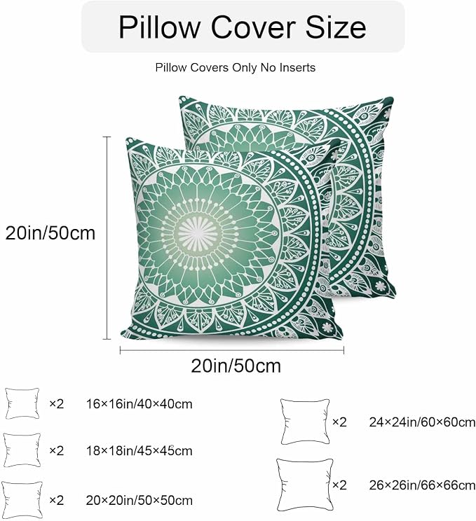 Vandarllin Outdoor Throw Pillows Covers 16x16 inch Set of 2 Waterproof Green Boho Floral Decorative Zippered Cushion Covers for Patio Furniture, Bohemian Sacred Space Art Lumbar Pillowcases