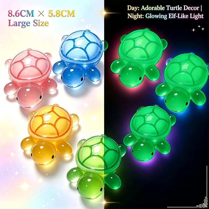 5 Pcs Large Glow in The Dark 3D Resin Turtles Miniature | Garden Figurines, DIY Dollhouse Fish Tank Fridge Wall Art Accessories, Safe Durable Non Fading, 3.2 Inch, 5 Colors