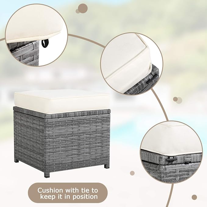 HAPPYGRILL 7 Pieces Rattan Wicker Patio Conversation Set, Outdoor Patio Furniture Set with Cushions, Rattan Sofa Set with Dining Table & Ottomans for Poolside Backyard Balcony Garden (Beige)