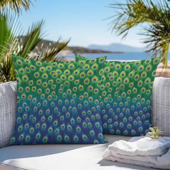 Peacock Feathers Outdoor Waterproof Pillow Covers, Ombre Blue Green Modern Animals Printed Decorative Square Throw Pillowcase Sofa Cushion Sham for Patio/Couch/Chair, 26"x26" 2 Pack