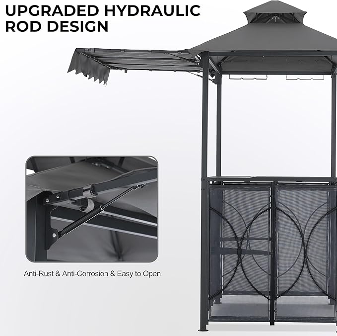 ABCCANOPY Grill Gazebo with Extra Awning - 6.4'x6.8' Outdoor BBQ Canopy with Bar Table and 2 Foldable Chairs, Barbecue with LED Lights for Backyard, Lawn and Patio (Dark Gray)