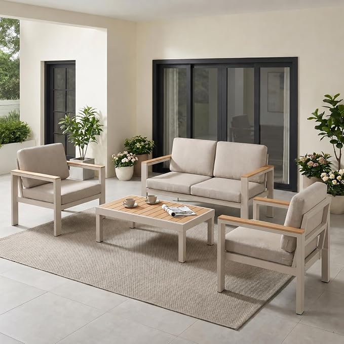 Outdoor Patio Furniture Set, 4-Piece Aluminum Conversation Set with Loveseat, 2 Chairs and Coffee Table, 5-Inch Water-Resistant Cushions for Backyard, Porch, Poolside, Beige