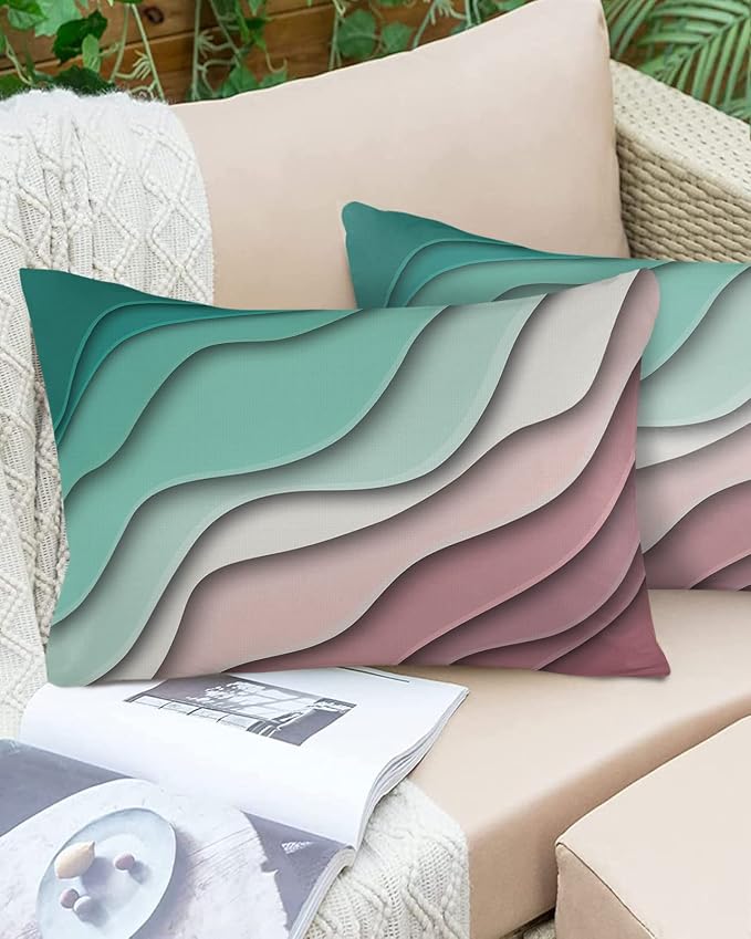 Funy Decor Waterproof Outdoor Throw Pillow Cover Green Modern Geometric Lumbar Pillowcases Set of 2 Abstract Beach Decorative Patio Furniture Pillows for Couch Garden 20 x 12 Inches