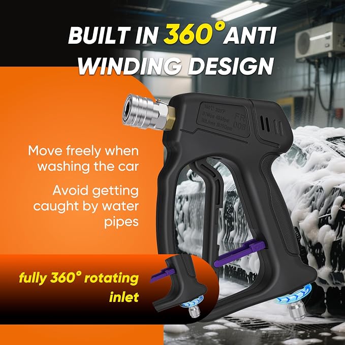 KONOSUBA Short Pressure Washer Gun with Swivel 4500PSI with Foam Cannon,2 Adapter,5 Pressure Washer Nozzles,1/4" Quick Connector,3/8'' Quick Connect, M22-14/15 mm Fitting (gun4500PSI with Foam Cannon)