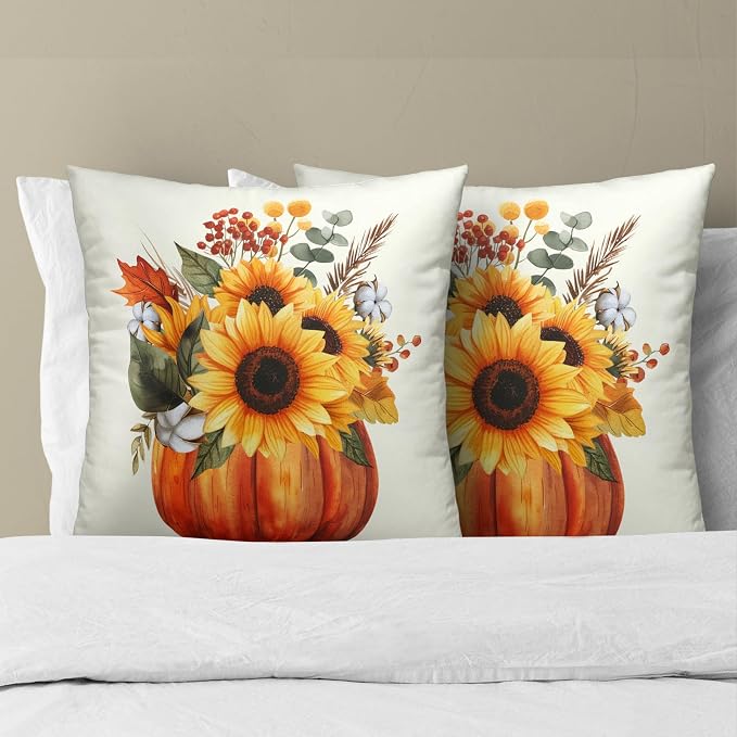 Fall Sunflower Pumpkin Pillow Cover Set of 2-18x18 Inch Autumn Flower Floral Harvest Seasonal Decorative Sofa Couch Cushion Case for Porch Patio Outdoor Indoor Home Decor, lhlhy9YBPV2F88240426