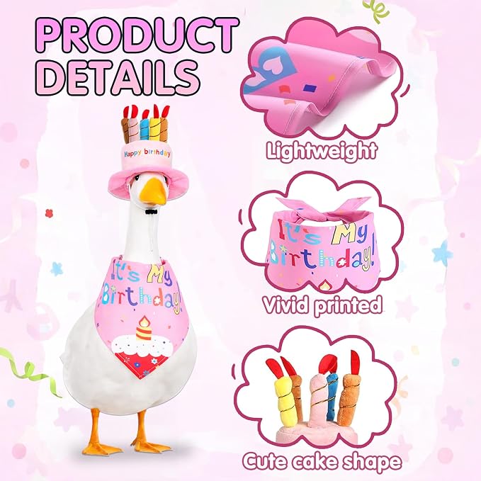 Happy Birthday Goose Outfit Porch Goose Outfits with Happy Birthday Cake Hat and Bandana Yard Geese Outfits for 23" 17" Cement/Plastic Porch Goose Outdoor Statue Patio Yard Lawn Art (Pink)