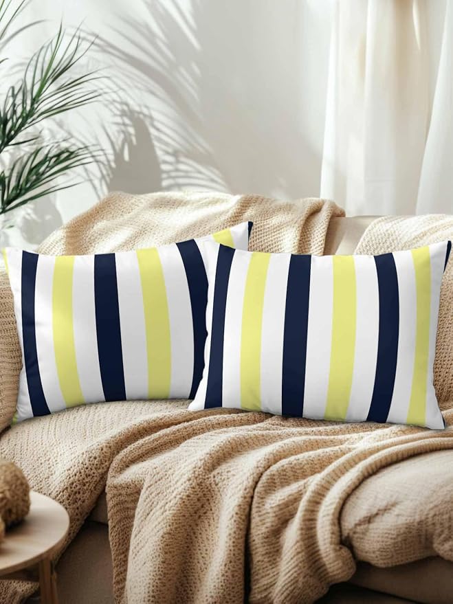 Outdoor Pillows Waterproof, Yellow Navy Blue Striped Bedding Throw Pillows with Insert for Couch Sofa Bed, Farmhouse Stripe Art 12x20 Inch Pillowcases Decorative Camping Patio Pillow Set of 2