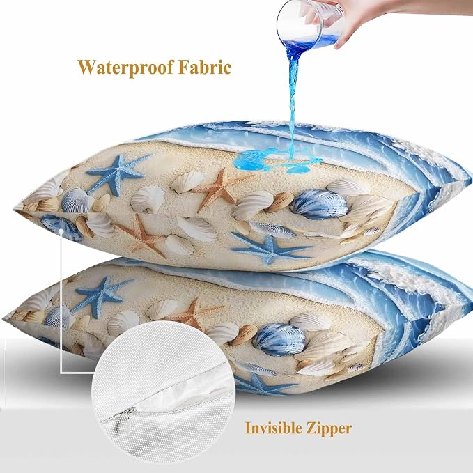 Summer Beach Outdoor Waterproof Throw Pillow Covers Set of 2, 16"x16", Seashell Starfish Nautical Coastal Decorative Pillow Covers Outside Cushion Case for Patio Porch Garden