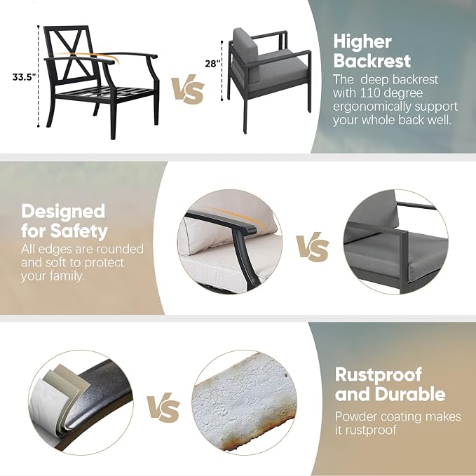 JOYURE 4 Pieces Patio Furniture Set w/loveseat,Coffe Table,Outdoor Conversation Metal Sofa with High Back and Thick Cushion,for Backyard,Garden,Beige