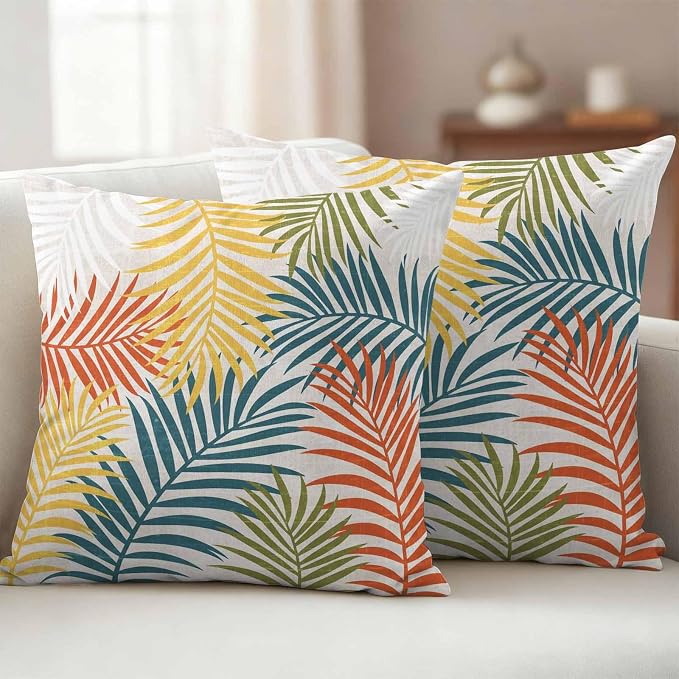 Outdoor Waterproof Throw Pillow Covers, Orange Green Yellow Palm Leaves Decorative Pillow Cases, Summer Botanical Tropical Leaf Couch Pillow Protector Patio Sofa Cushion Covers 20"x20" 2 Pack
