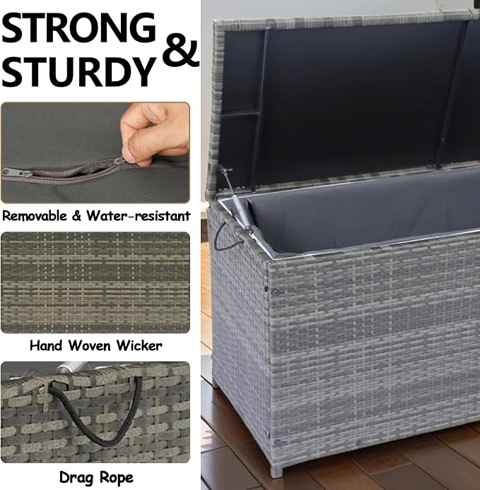 113 Gallon Deck Box Storage, Large Outdoor Weatherproof Storage Box with Lid,Wicker Outdoor Cushion Storage Box for Porch,Patio,Garden,Poolside,Tools,Toys (Light Grey, 53.15 Inch)