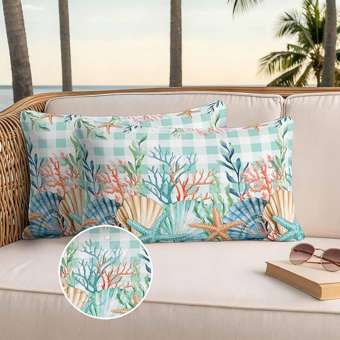 Lumbar Pillow Covers 20x12 Inch Set of 2, Summer Coastal Waterproof Outdoor Pillow Covers, Watercolor Corals Shells Starfish Green Plaid Decorative Cushion Pillowcases for Couch, Sofa, Bed, Patio