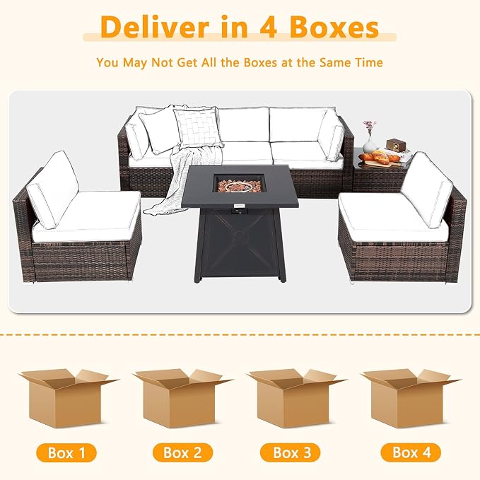 Tangkula 7 Piece Patio Furniture Set w/Fire Pit Table, Patiojoy Outdoor Rattan Conversation Sofa Set w/30 Square Propane Fire Pit Table, 50,000 BTU Heat Output, Protective Cover Included (Turquoise)