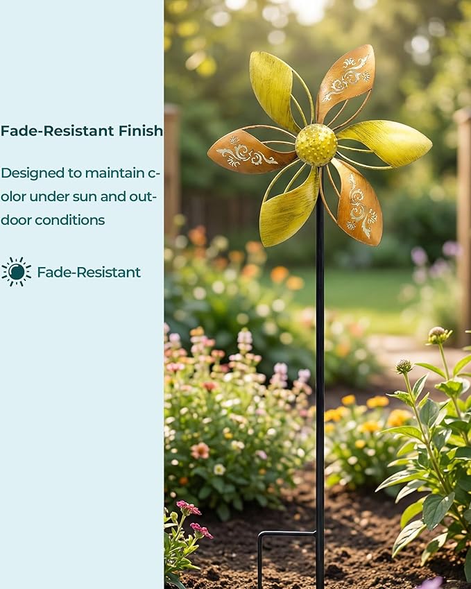 Metal Wind Spinner for Yard, 37" Kinetic Garden Decor | Rust-Resistant Finish, Smooth Rotation, Elegant Floral Design, Tool-Free Setup, Outdoor Yard Art