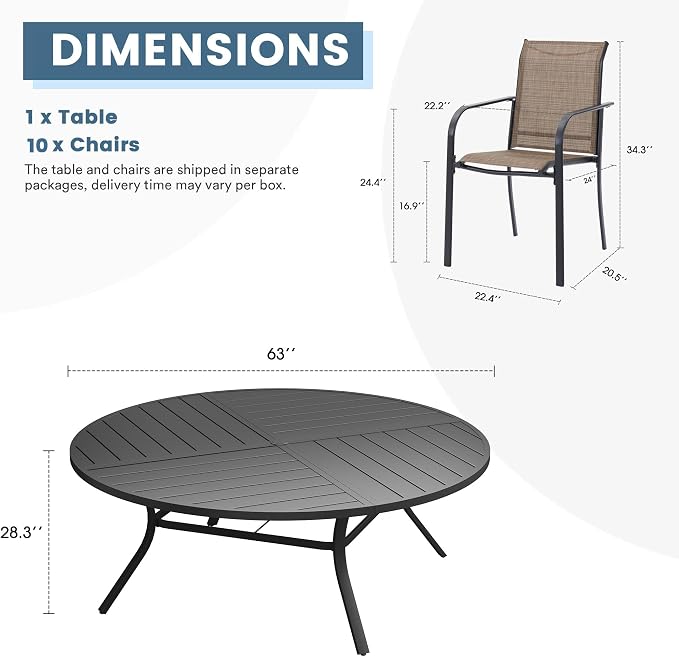 DIFY 11 Pieces Outdoor Patio Dining Set for 10, 63" Black Round Metal Patio Table and 10 Brown Stackable Textilene Patio Chairs, Outdoor Table and Chairs for Backyard Garden Poolside