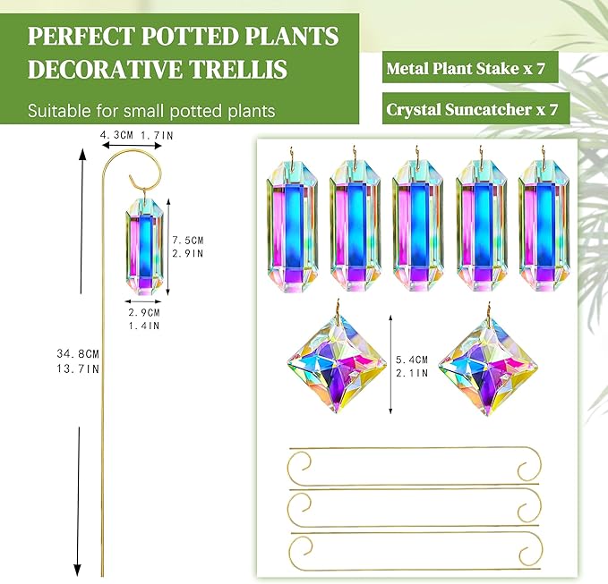 7 Pcs AB Colored Crystal Suncatcher Small Trellis Golden Plant Potted Stake | Crystal Plant Suncatcher Glass Garden Stakes for Potted Plants Indoor Outdoor Decorative Plant Stakes 13.7 Inch