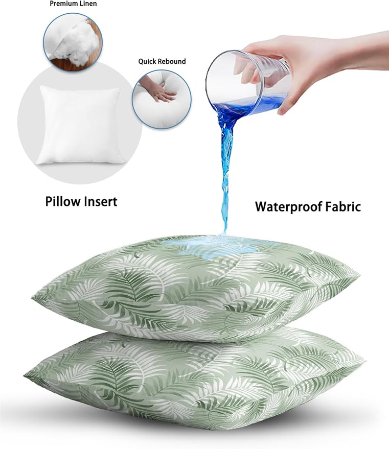 Waterproof Outdoor Pillow Set of 2 Green Tropical Palm Leaves Decorative Throw Pillows Cover & Insert 20x12 Inch Lumbar Pillowcase Summer Jungle Foliage Pillows for Couch Sofa Bed Patio Furniture