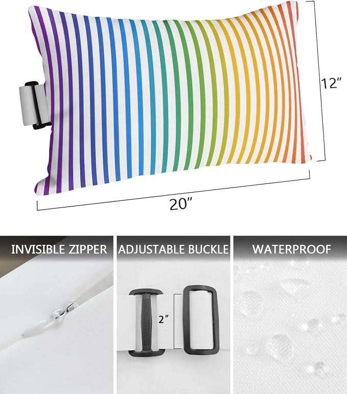 Pack of 4 Outdoor Lumbar Pillow Covers 12x20 Inch, Thin Rainbow Striped Waterproof Throw Pillow Covers Set, Farmhouse Modern Stripes Indoor&Outdoor Decorative Cushion Cases for Patio Porch Car