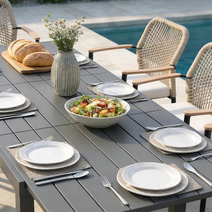 SUNSITT 9 Piece Outdoor Patio Dining Set, 59" - 83" Aluminum Expandable Outdoor Dining Table and 8 Woven Wicker Patio Chairs w/WPC Armrests for Garden, Dark Grey
