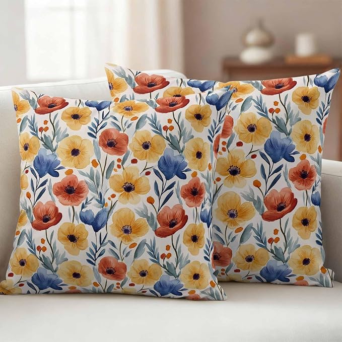 Spring Floral Outdoor Pillow Covers 20x20 Inch Throw Pillow Covers Set of 2 Waterproof Decorative Pillow Cases Red Yellow Blue Summer Botanical Cushion Covers for Patio Furniture Garden Couch Sofa