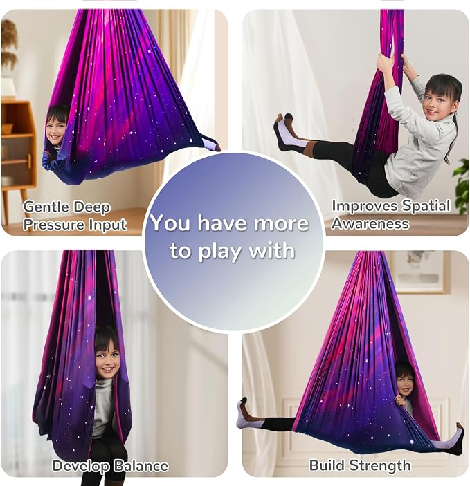 Sensory Swing for Kids Indoor & Outdoor Double Layer Therapy Cuddle Swing with 360° Swivel Hanger Kit Adjustable Swings for Child and Adult with Aspergers Autism (Galaxy Purple)