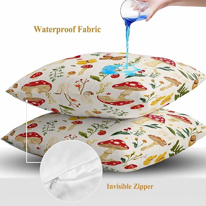 Rustic Mushroom Outdoor Waterproof Throw Pillow Covers Set of 2, 26"x26", Leaf Butterfly Botanical Plants Country Decorative Pillow Covers Outside Cushion Case for Patio Porch Garden