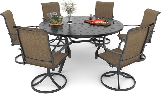 Patio Table and Chairs Set with 54" Round Table, Brown Yellow Swivel Chairs | 6 Piece Swivel Chairs: High Back, Retro Armrest, Textilene Fabric, Rocking; 6 - 8 Person 54'' Metal Round Table