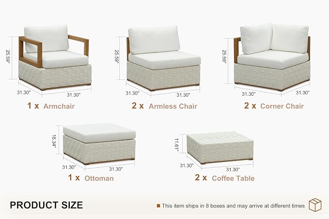 PURPLE LEAF Patio Outdoor Furniture Set 8 Pieces, Premium Leather Outdoor Couch Sectional Sofa, L-Shaped Patio Conversation Sets with Olefin Cushions, Patio Couch for Porch, Balcony, Garden, White
