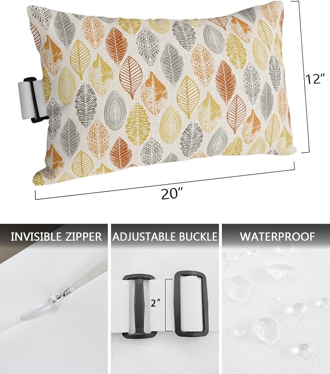 Outdoor Pillows Covers with Inserts Leaves Specimens Grey Yellow Orange Burlap Waterproof Pillow with Adjustable Strap Throw Pillows for Patio Furniture Recliner Lounge Chair, 12x20 inch, 2PCS
