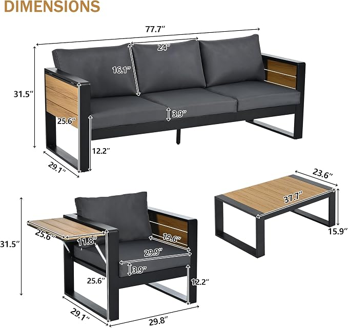 4-Piece Outdoor Patio Furniture Set,Conversation set for 5 Person, 3-Seater Sofa, 2 Armchairs with Fold-Out Side Tables, Aluminum Frame & Plastic-Wood , Modern Garden/Patio Seating, Grey Cushions