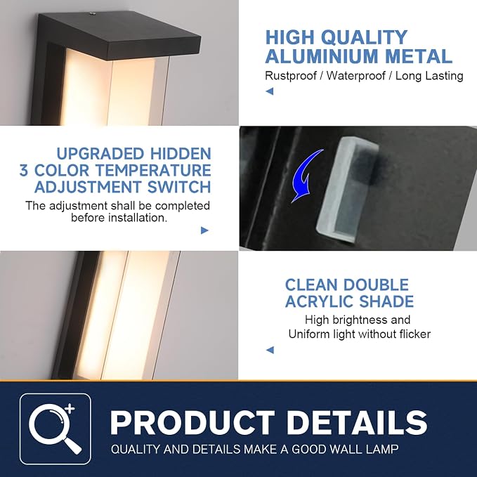 Mille Lucciole 24W Outdoor Wall Lights Exterior/Interior LED 3-Color Adjustable 2100LM Sconces Lights IP65 Waterproof Modern Outdoor Lighting Fixtures Aluminum Wall Lights Compatible with Dimmers