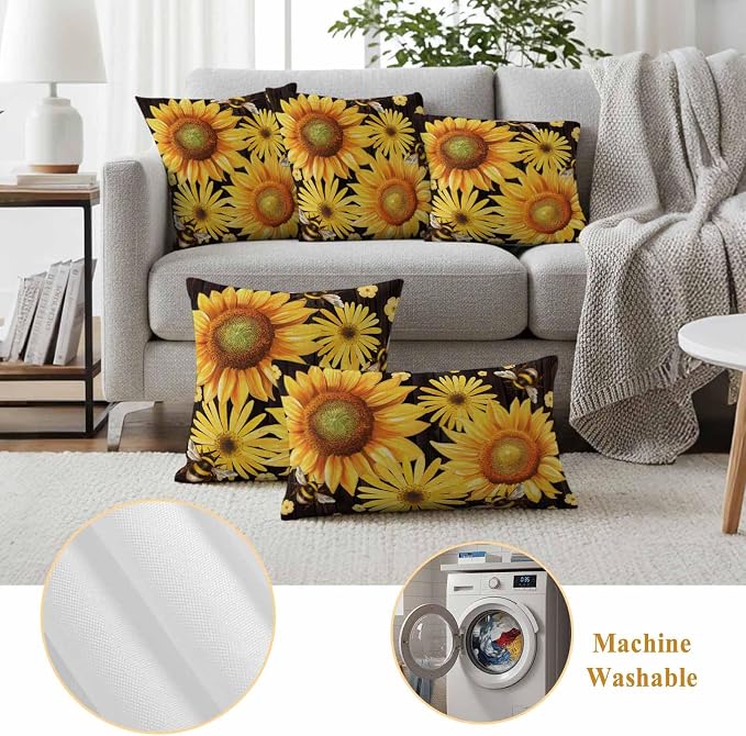 Outdoor Throw Pillow Covers,Yellow Sunflower Daisy Flower Waterproof Decorative Pillowcases Cushion Cover Spring Rustic Floral Bee Black Pillow Cases for Patio Couch Sofa Bed,20x12in Set of 2