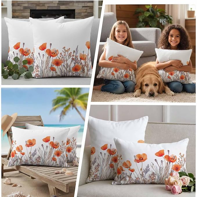 Minimalism Floral Outdoor Waterproof Throw Pillow Covers Set of 2, 26"x26", Red Plant Watercolor White Background Decorative Pillow Covers Outside Cushion Case for Patio Porch Garden