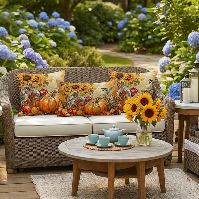 Fall Pumpkins Outdoor Pillow Covers 20x20 Inch Throw Pillow Covers Set of 2 Waterproof Decorative Pillow Cases Sunflowers Birds Thanksgiving Oil Painting Cushion Covers for Patio Furniture Garden