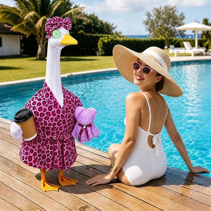 Celltestria Lady Goose Outfits for 23" Geese Bathrobe Rose Pink Leopard Porch Goose Costume Coffee Cup Bear Cucumber Eye Mask Goose Clothes for Outdoor Patio Yard Lawn Garden Decoration