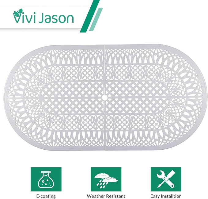 VIVIJASON 9-Piece Outdoor Furniture Dining Set, All-Weather Cast Aluminum Patio Conversation Set Include 6 Stationary Chairs, 2 Swivel Dining Chairs, Oval Table with Umbrella Hole(White/Green Cushion