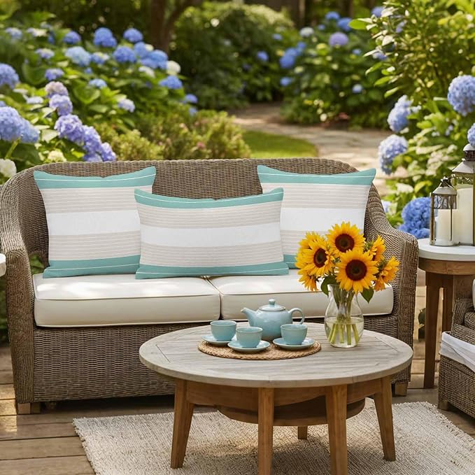 Turquoise Beige Stripe Waterproof Outdoor Pillow Covers Set of 2 Home Decor, Modern Art Horizontal Striped Pillowcase Patio Pillow Covers for Couch Bench Furniture Garden 18x18in