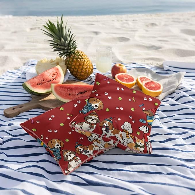 Cartoon Dogs Outdoor Pillow Covers 18x18 Inch Throw Pillow Covers Set of 2 Waterproof Decorative Pillow Cases Red Cute Animals Dogs Paws Prints Cushion Covers for Patio Furniture Garden Couch Sofa