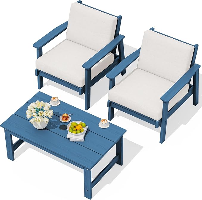 SERWALL HDPE Outdoor Couch, All-Weather Wood-Like Outdoor Sofa Set with Coffee Table, Blue Frame and Khaki Cushion