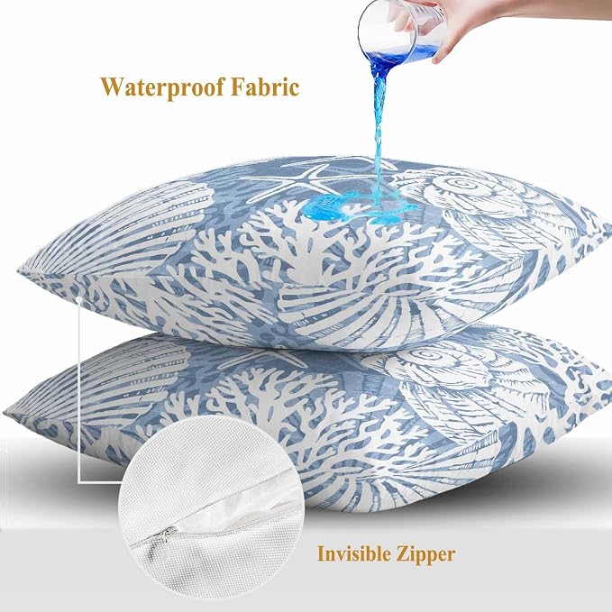 Outdoor Pillow Covers 24x24 Inch Set of 2, Lake Blue Starfish Coastal Waterproof Throw Pillow Covers, Summer Coral Shell Beach Nautical Decorative Cushion Pillowcases for Couch Sofa Bed Garden Patio