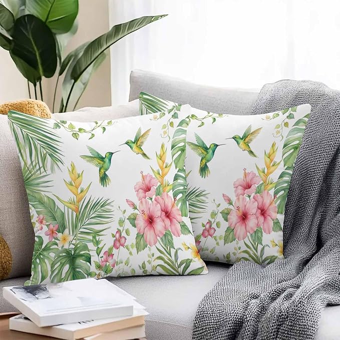 Yukro Hummingbirds Hibiscus Outdoor Waterproof Pillow Covers Pack of 2, Birds Botanical Tropical Plant Throw Pillowcases Decorative Cushion Covers for Garden Patio Tent Sofa Couch, 16x16 inch