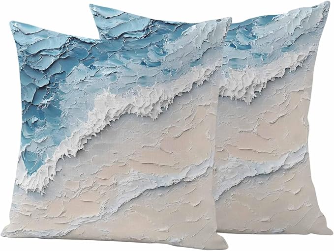 Outdoor Pillow Covers Set of 2, Abstract Ocean Scene Oil Painting Art Decorative Throw Pillow Covers 16X16IN, Natural Sea Wave Beach Throw Pillows Protector Cushion Case for Patio,Couch,Sofa,Garden