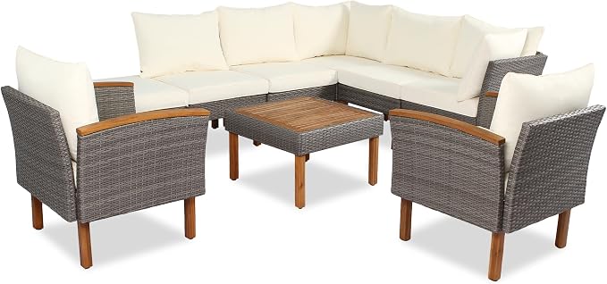 VilroCaz 9-Piece Outdoor Patio Sectional Sofa Set, PE Rattan Conversation Sofa Set with Acacia Wood Legs, Modern All Weather Outdoor Garden Furniture Set with Comfortable Cushion and Coffee Table